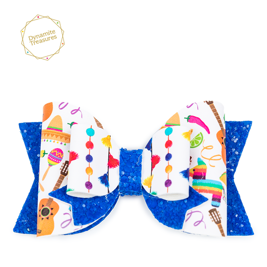 Double layered hair bow made with Mexican fiesta party print vegan leatherette & blue glitter leather