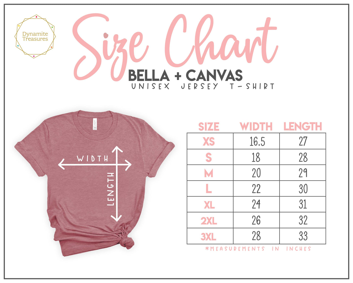 Size Chart for Adult Unisex Bella + Canvas Tshirt